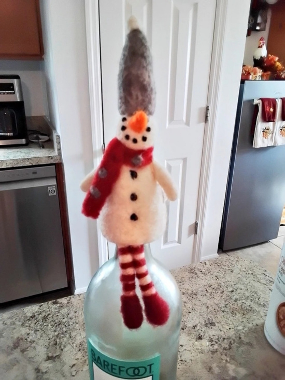 Snowman Holiday Wool Bottle Cover Decor White & Red